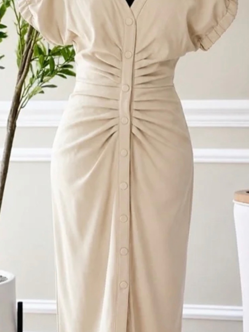 Steve Madden Cream Ruched Button-Front Midi Dress